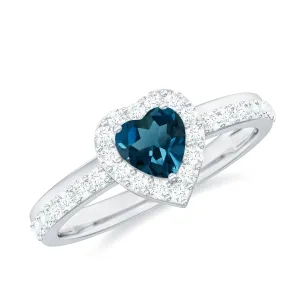 1 CT Heart Shape London Blue Topaz Promise Ring with Diamond Halo