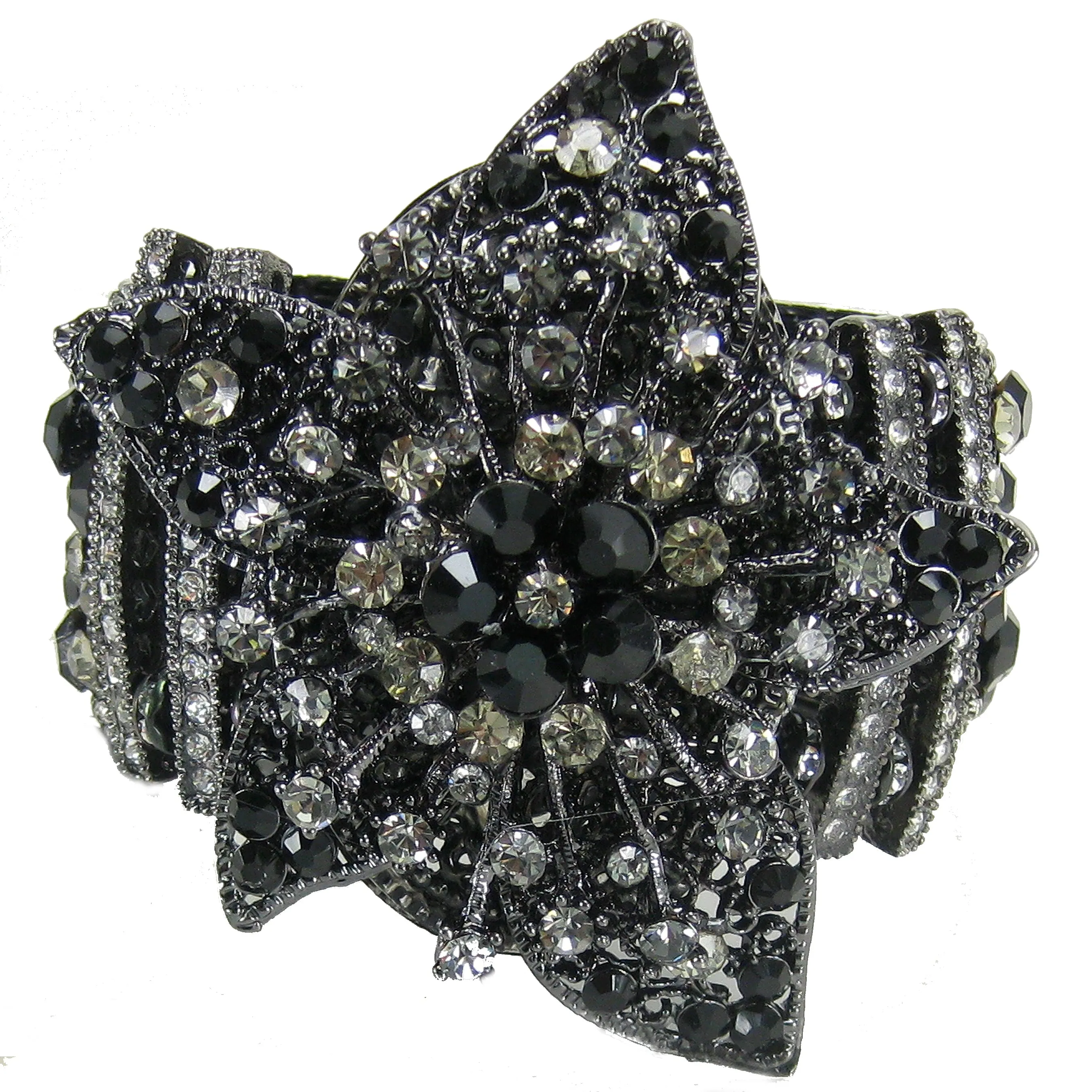 #1030b Gunmetal Filigree, Jet & Hematite Rhinestone Floral Cuff Bracelet