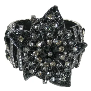 #1030b Gunmetal Filigree, Jet & Hematite Rhinestone Floral Cuff Bracelet