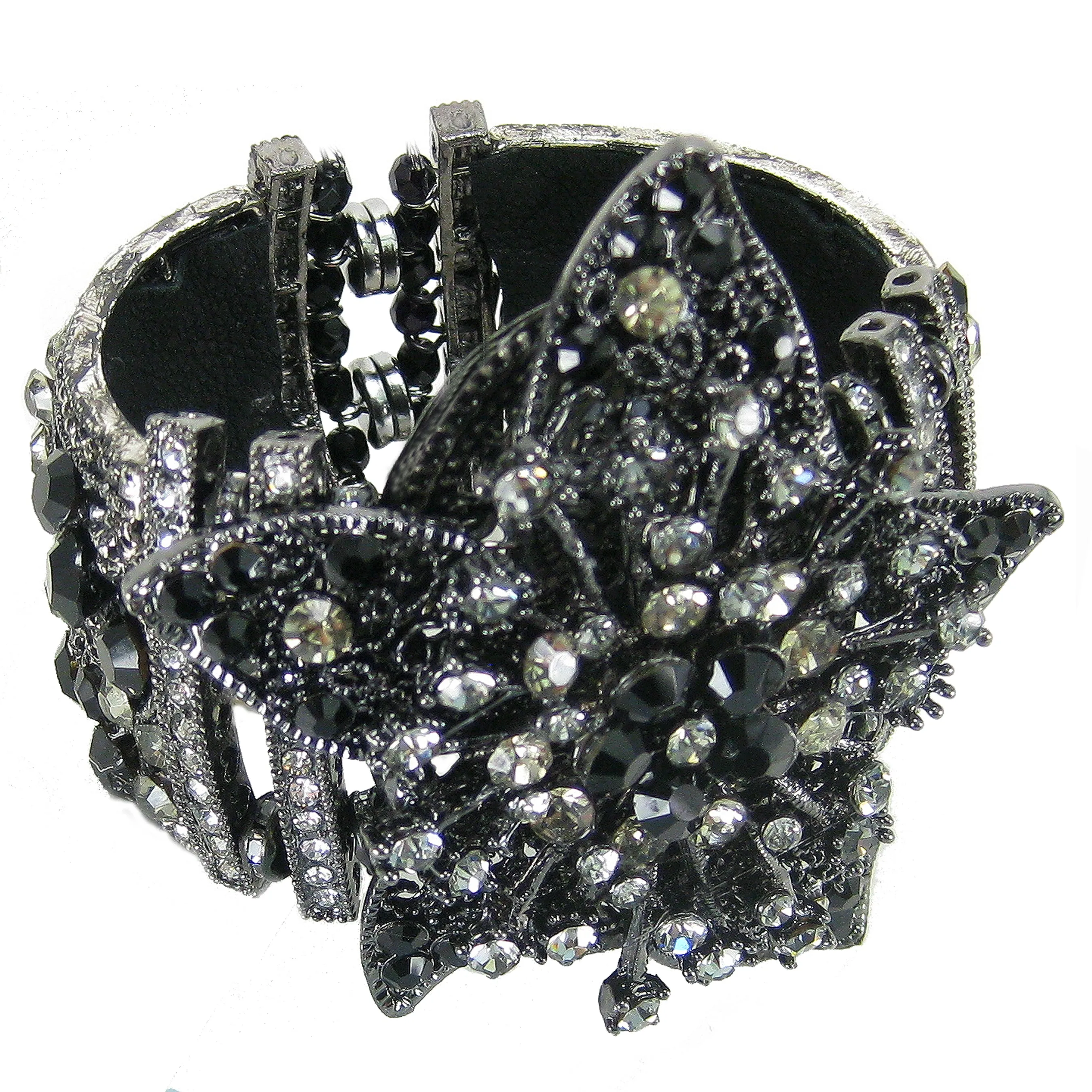 #1030b Gunmetal Filigree, Jet & Hematite Rhinestone Floral Cuff Bracelet