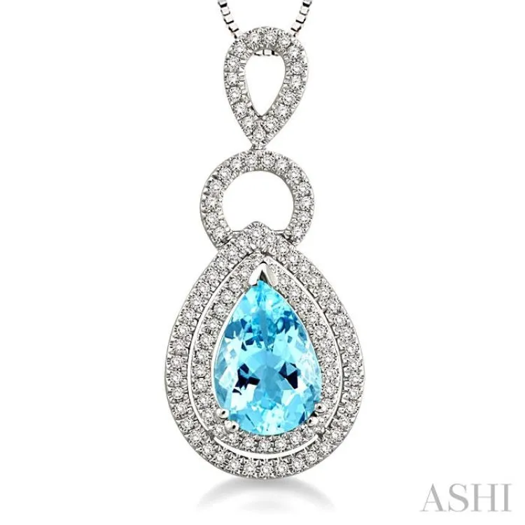 10x7mm Pear Shape Aquamarine and 1/3 Ctw Round Cut Diamond Pendant in 14K White Gold with Chain