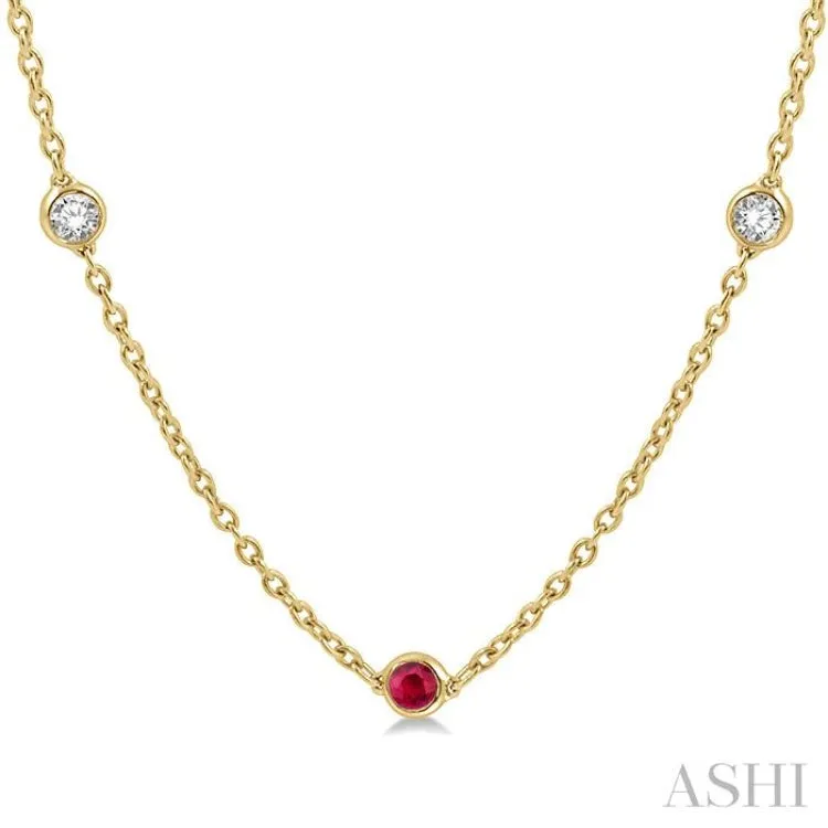 1/2 ctw Round Cut Diamond and 2.85MM Ruby Precious Station Necklace in 14K Yellow Gold