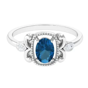 1.25 CT Oval London Blue Topaz Vintage Solitaire Ring with Diamond and Beaded