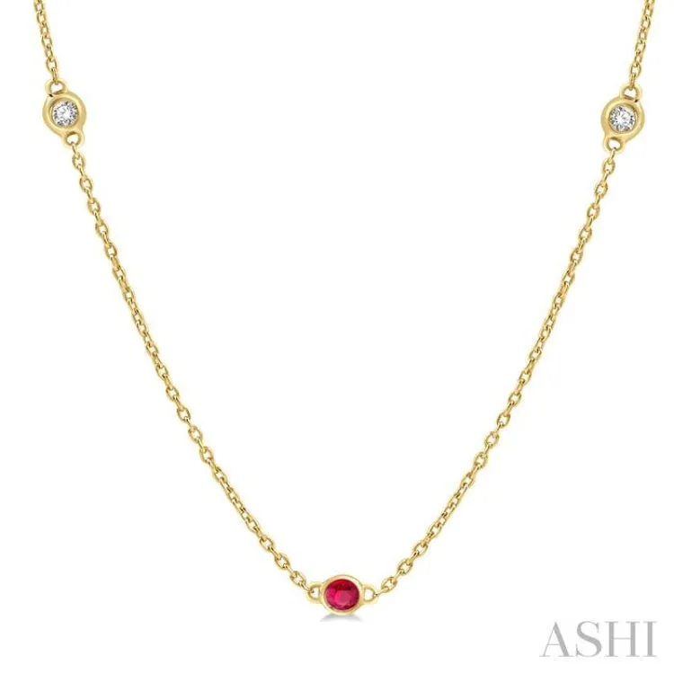 1/4 ctw Round Cut Diamond and 2.25MM Ruby Precious Station Necklace in 14K Yellow Gold