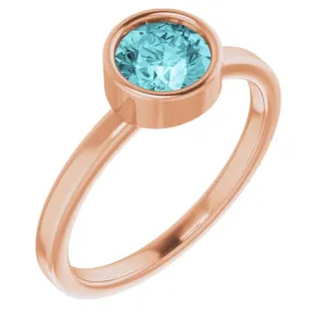 14K Rose 6 mm Natural Blue Zircon Ring