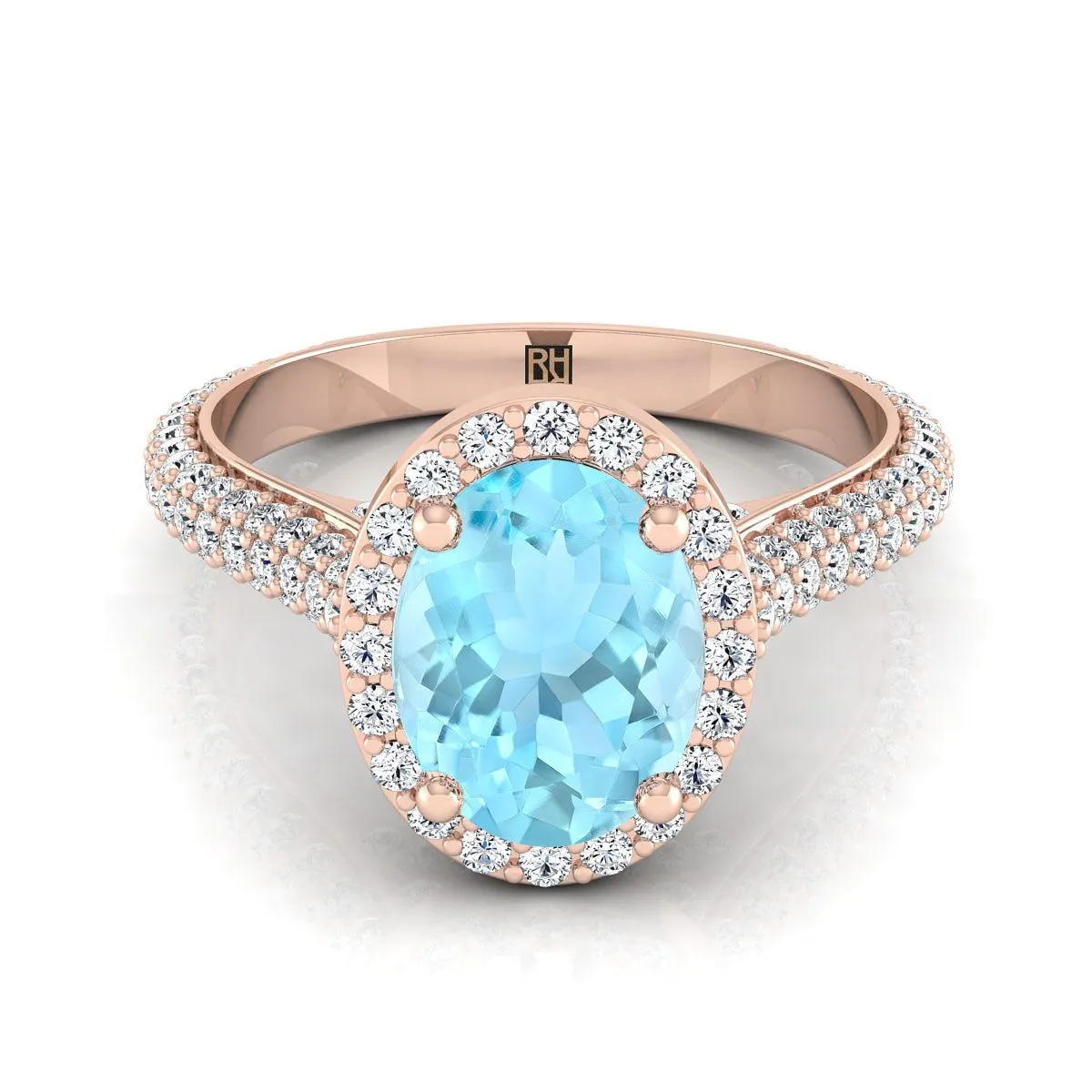 14K Rose Gold Oval Aquamarine Micro-Pavé Halo With Pave Side Diamond Engagement Ring -7/8ctw