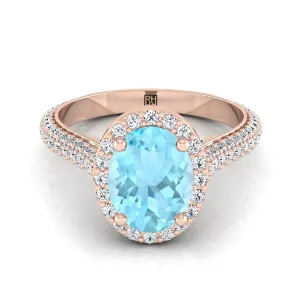 14K Rose Gold Oval Aquamarine Micro-Pavé Halo With Pave Side Diamond Engagement Ring -7/8ctw