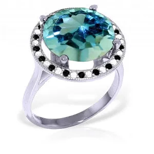 14K Solid White Gold Ring w/ Natural Black / White Diamonds & Blue Topaz