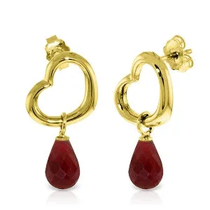 14K Solid Yellow Gold Heart Earrings w/ Dangling Natural Rubies