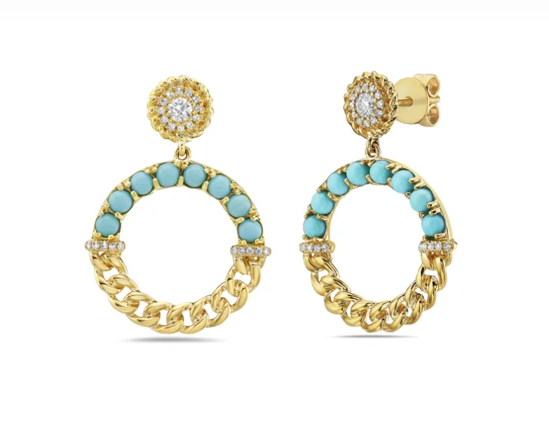 14k Yellow Gold Diamond & Turquoise Half Chain Dangle Earrings (I8561)