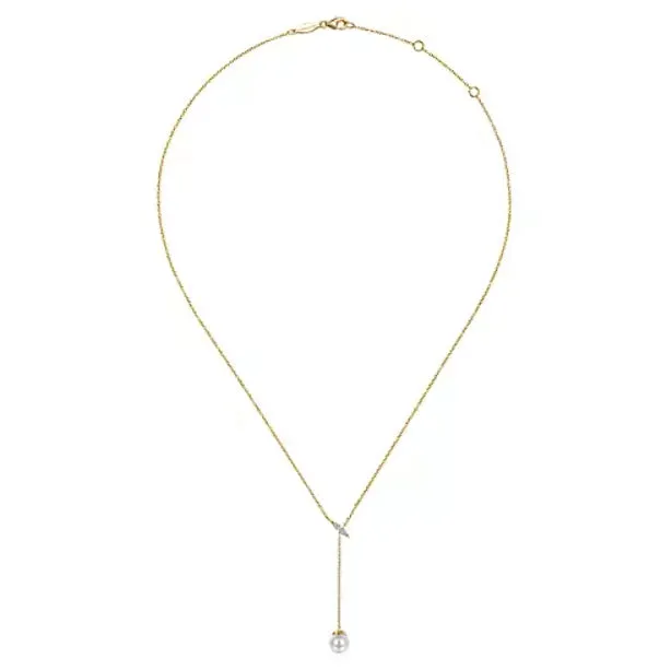 14K Yellow Gold Diamond Lariat Necklace with Cultured Pearl