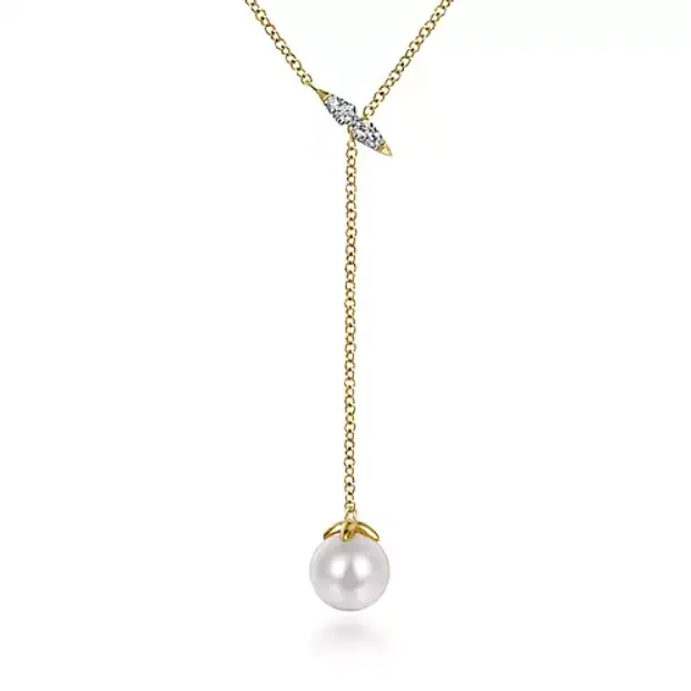 14K Yellow Gold Diamond Lariat Necklace with Cultured Pearl