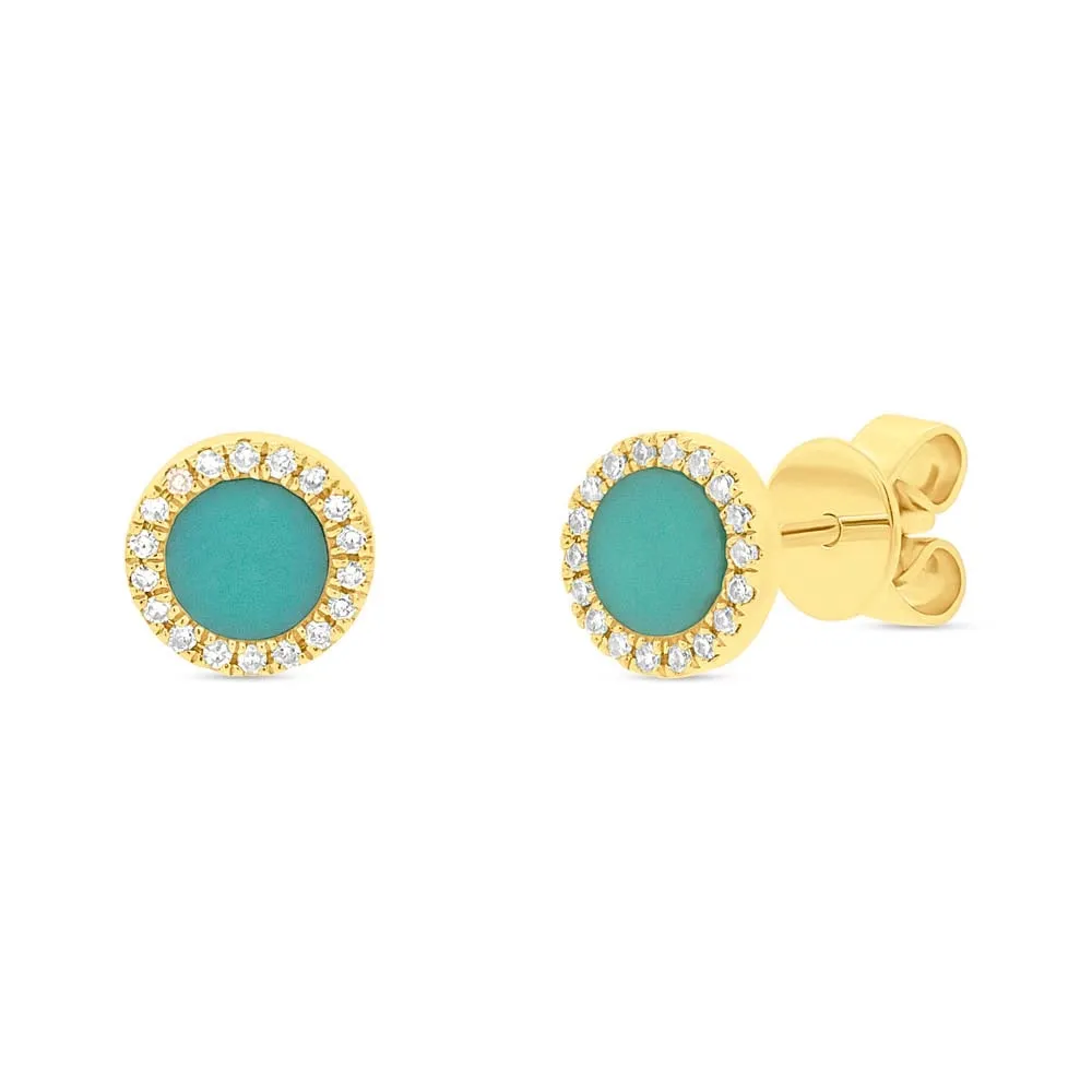 14K Yellow Gold Turquoise and Diamond Stud Earrings