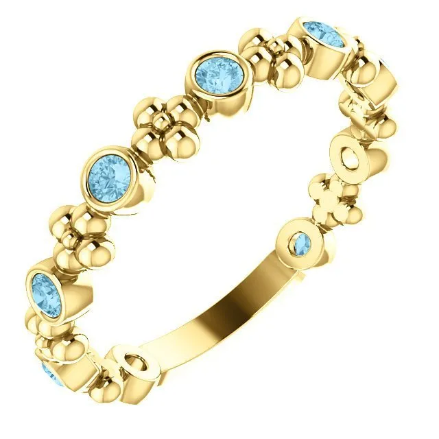 14KT GOLD 0.36 CTW ROUND AQUAMARINE BEZEL-SET BEADED FLORAL RING