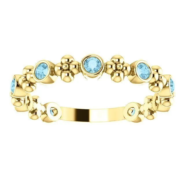 14KT GOLD 0.36 CTW ROUND AQUAMARINE BEZEL-SET BEADED FLORAL RING