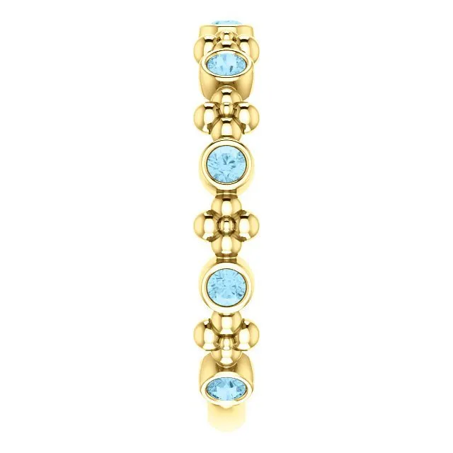 14KT GOLD 0.36 CTW ROUND AQUAMARINE BEZEL-SET BEADED FLORAL RING