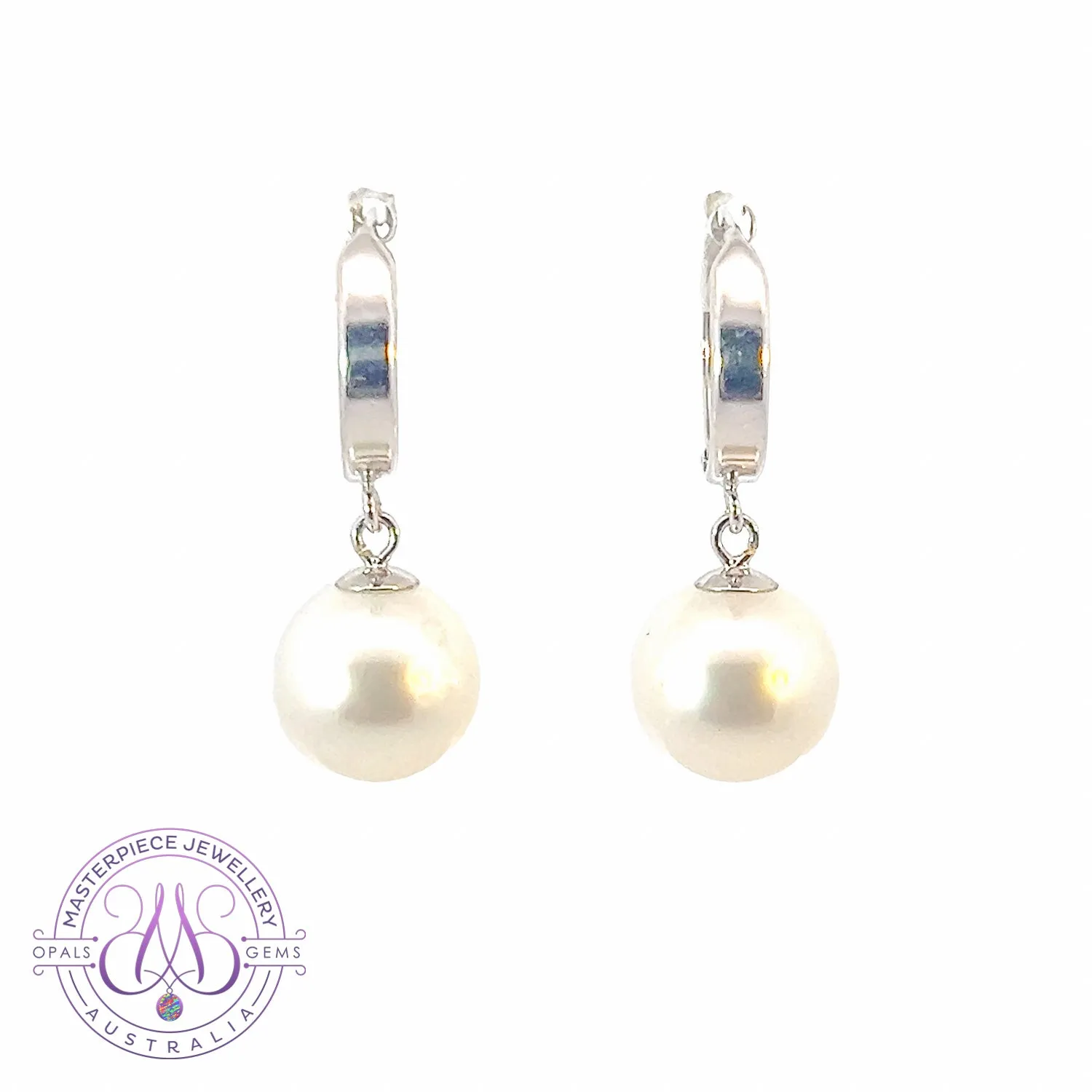 14kt White Gold dangling huggie South Sea Pearls 9.5-10mm