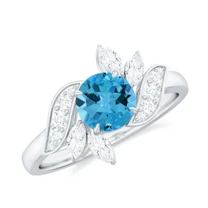 1.5 CT Swiss Blue Topaz Flower Engagement Ring with Diamond