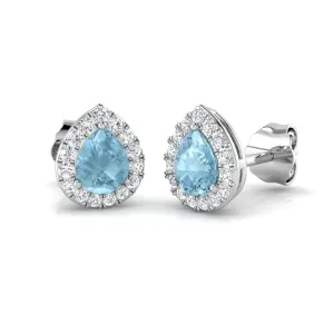 18ct White Gold 0.57ct Pear Cut Aquamarine And 0.19ct Diamond Halo Stud Earrings