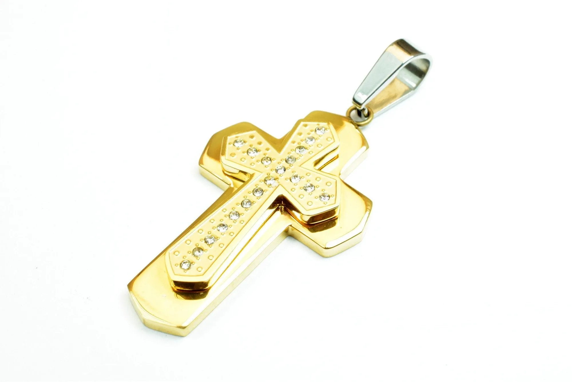 18K Gold Filled Cross Stainless Steel Pendant, CZ Cubic Zirconia Rhinestone Size 43x25mm Christian Religious Rosary or Jewelry Making