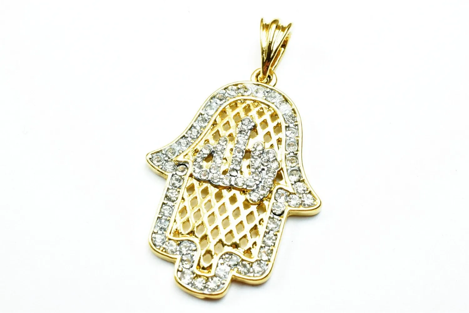 18K Hamsa Allah اللهas Gold Filled* Pendant Size 38x27mm Pendant With Rhinestone CZ Cubic Zirconia Pendant For Jewelry Pendant Item# GP143