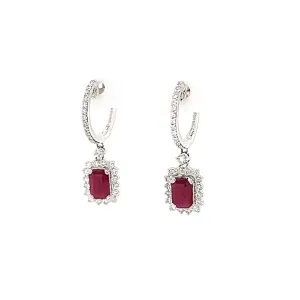 18k White Gold Ruby & Diamond Halo Dangle Hoop Earrings