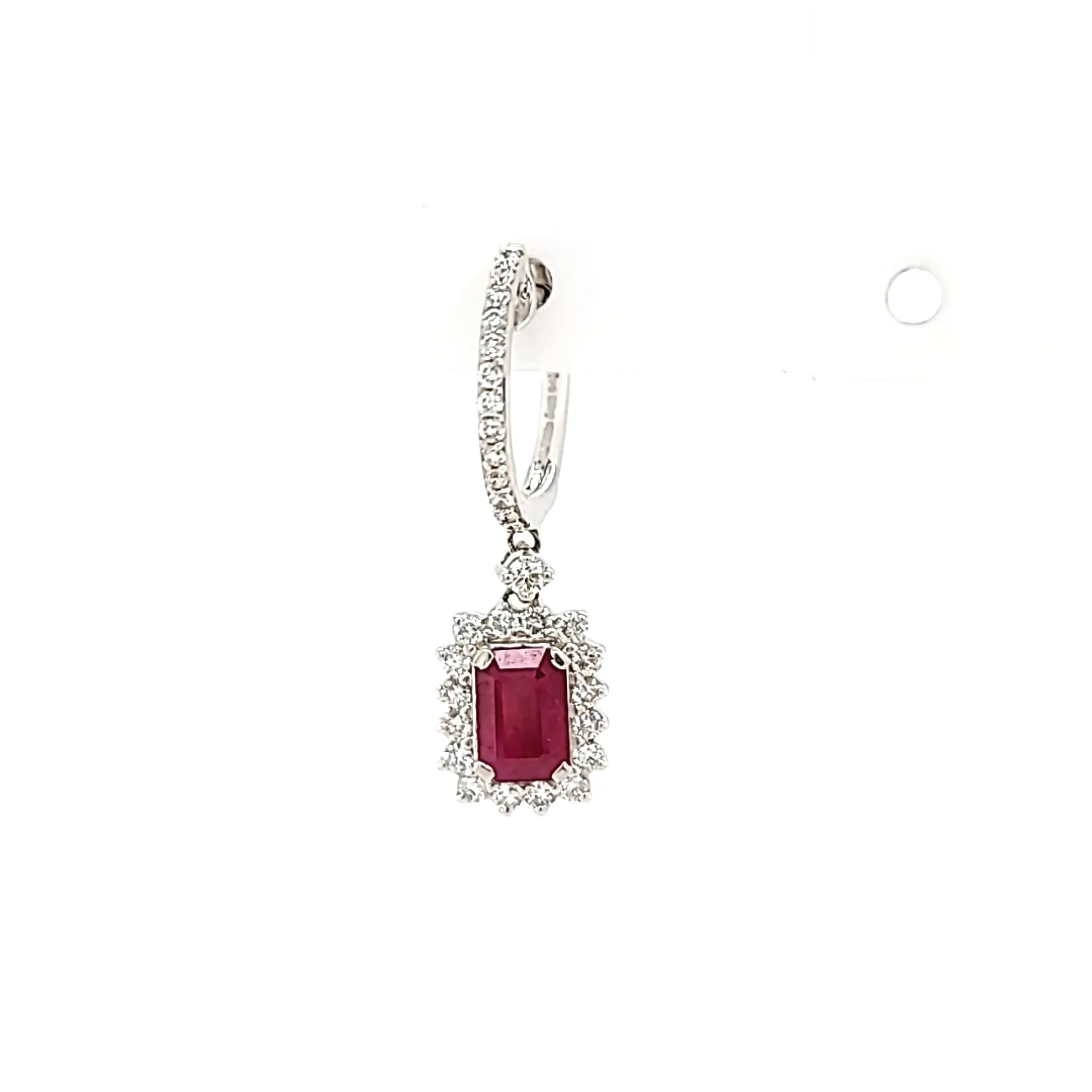 18k White Gold Ruby & Diamond Halo Dangle Hoop Earrings