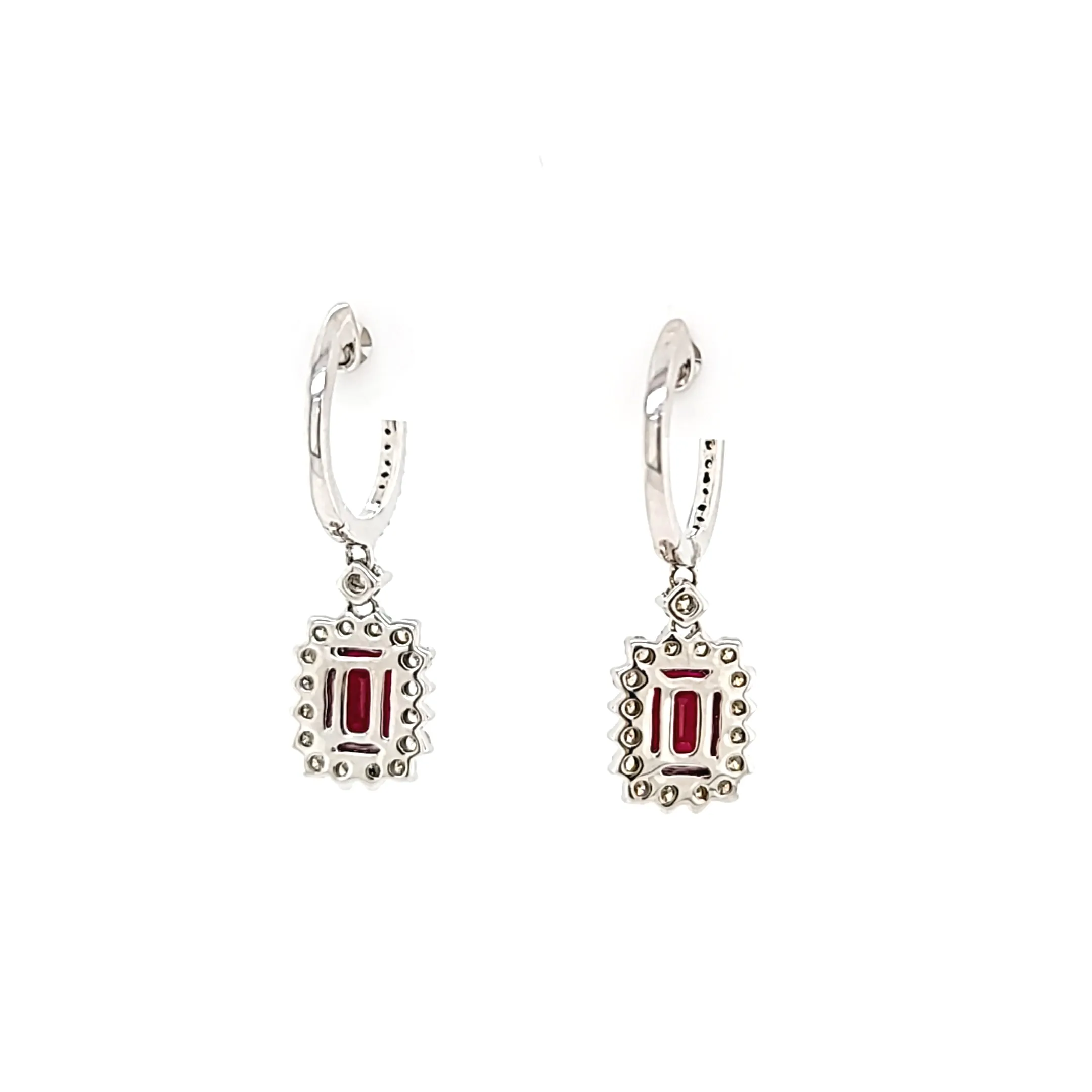 18k White Gold Ruby & Diamond Halo Dangle Hoop Earrings