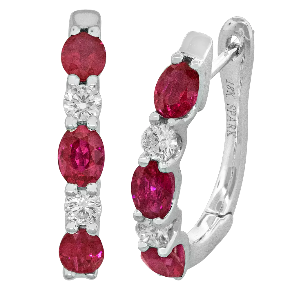 18K White Ruby and Natural Diamond Hoop Earrings