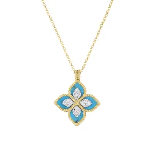 18K Yellow and White Gold Diamond and Turquoise Flower Necklace