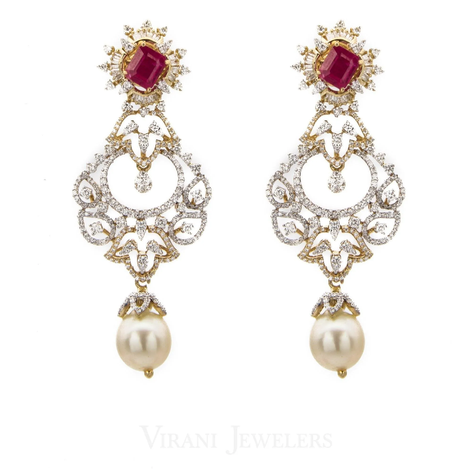 18K Yellow Gold Diamond Bridal Necklace & Earrings Set W/ 8.17ct Diamonds, Rubies & Pearls