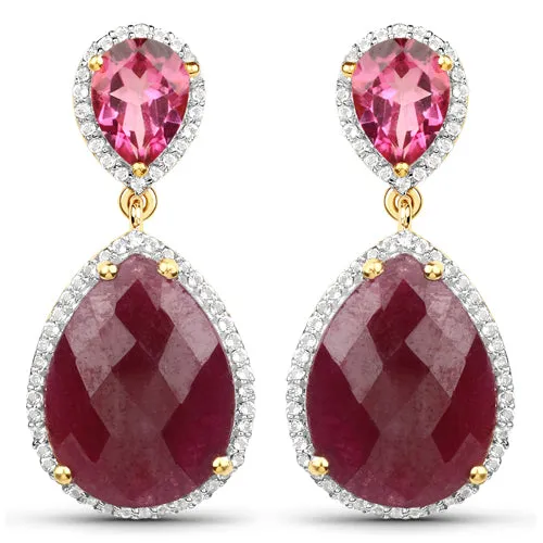 18K Yellow Gold Plated Pear Shaped Ruby and White Topaz Earrings