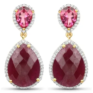 18K Yellow Gold Plated Pear Shaped Ruby and White Topaz Earrings