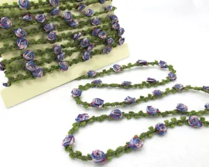 2 Yards Woven Rococo Ribbon Trim with Blue and Purple Rose Flower Buds|Decorative Floral Ribbon|Scrapbook Materials|Decor|Craft Supplies