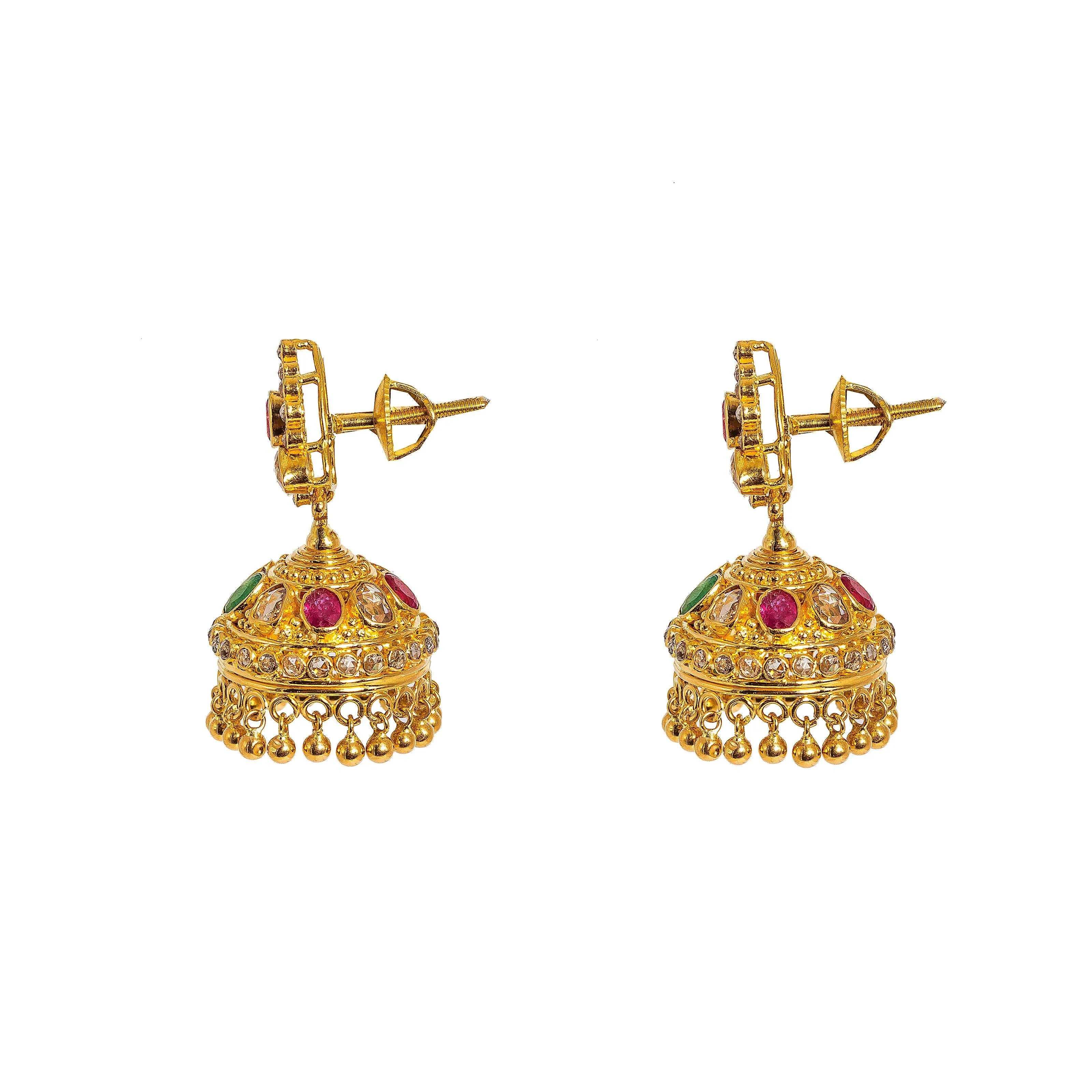 22K Yellow Gold Diamond Necklace & Jhumki Drop Earrings Set W/ 18.77ct Uncut Diamonds, Rubies, Emeralds, Laxmi Kasu & Large Eyelet Pendant