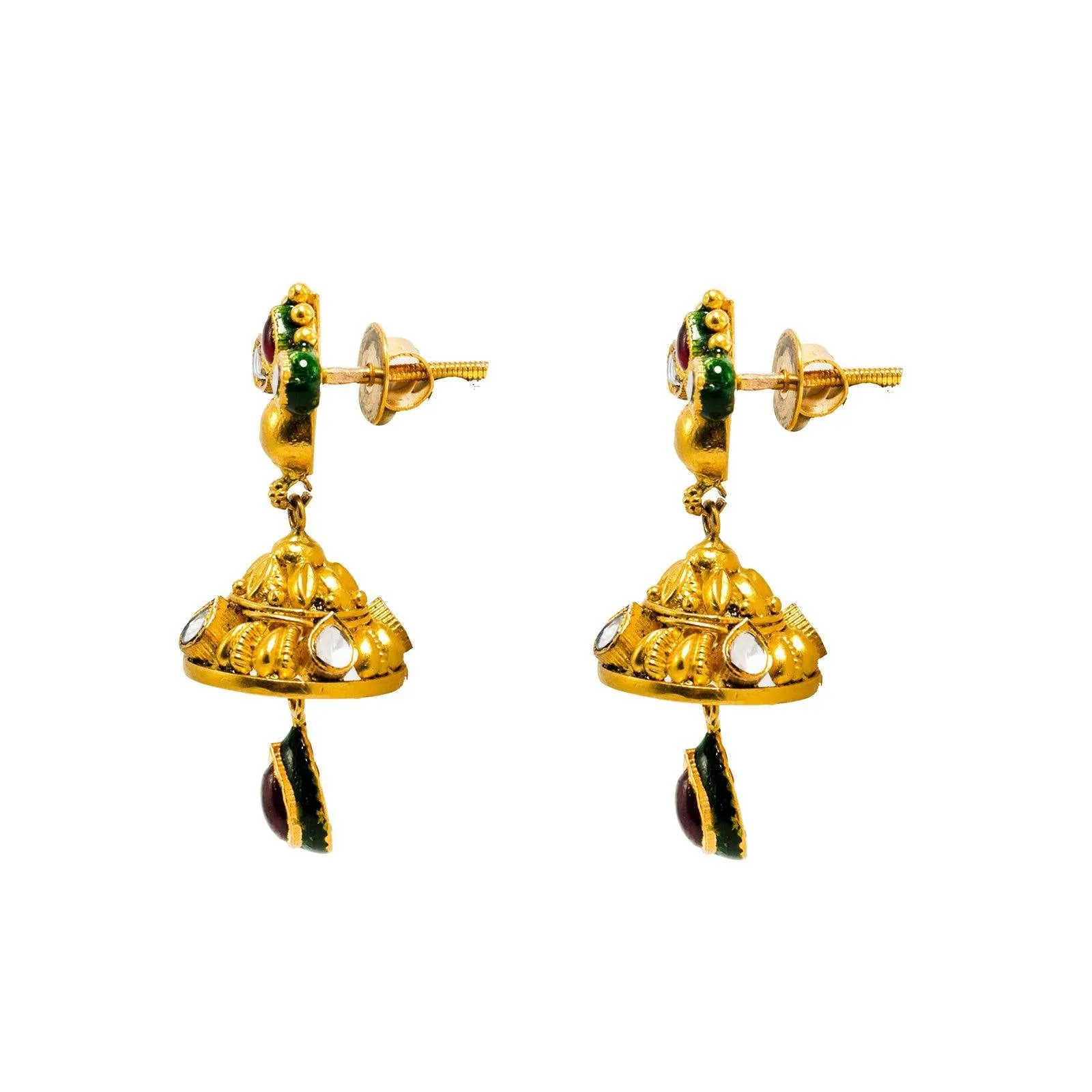 22K Yellow Gold Jhumki Earrings W/ Rubies, Emeralds, Kundan & Artisanal teardrop Accents