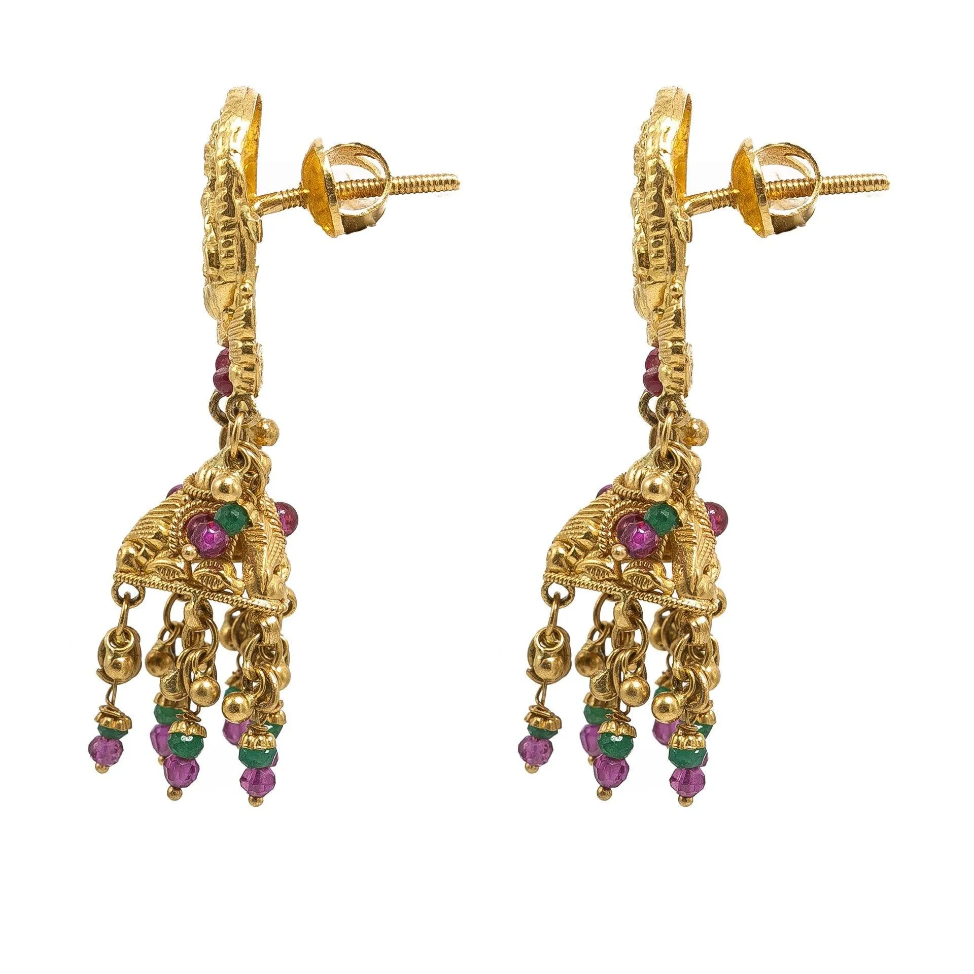 22K Yellow Gold JhumkiDrop Earrings W/ Rubies, Emeralds, Laxmi Pendant & Beaded tassels