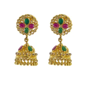 22K Yellow Gold Uncut Diamond Jhumki Earrings W/1.21ct Uncut Diamonds, Emeralds & Rubies