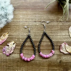 3 1/2" Long Hematite and Pink Shell Teardrop Earrings