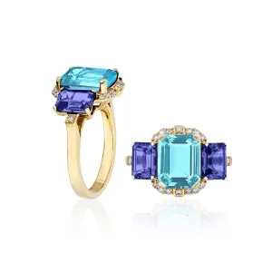 3 Stone Blue Topaz and Tanzanite Emerald Cut Ring with Diamonds