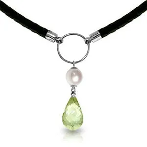 7.5 Carat 14K Solid White Gold Leather Necklace Pearl Green Amethyst