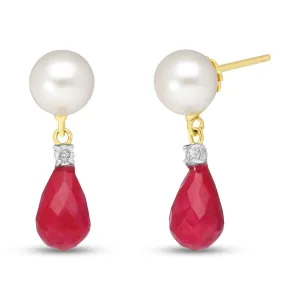 8.7 Carat 14K Solid Yellow Gold Stud Earrings Diamond, Ruby Pearl