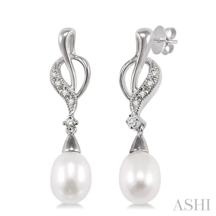 8x6mm Drop Cut Cultured Pearl and 1/10 Ctw Round Cut Diamond Drop Earrings in 10K White Gold