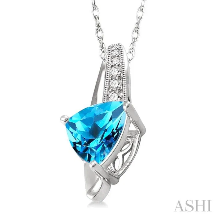 8x8mm Trillion Cut Blue Topaz and 1/20 Ctw Single Cut Diamond Pendant in 10K White Gold with Chain