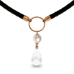 9 Carat 14K Solid Rose Gold Leather Necklace Pearl White Topaz