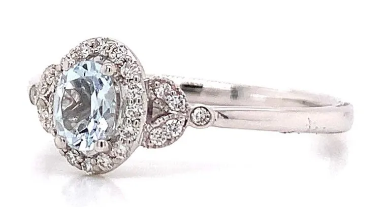 9ct White Gold 0.25ct Oval Aquamarine Castle Halo With Vintage 0.12ct Diamond Side Detail Ring