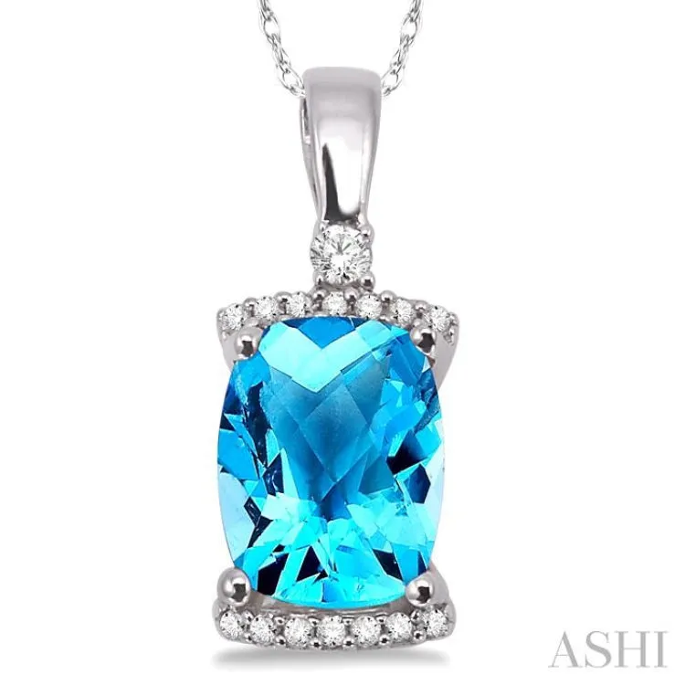 9x7MM Cushion Cut Blue Topaz and 1/10 Ctw Round Cut Diamond Pendant in 14K White Gold with Chain