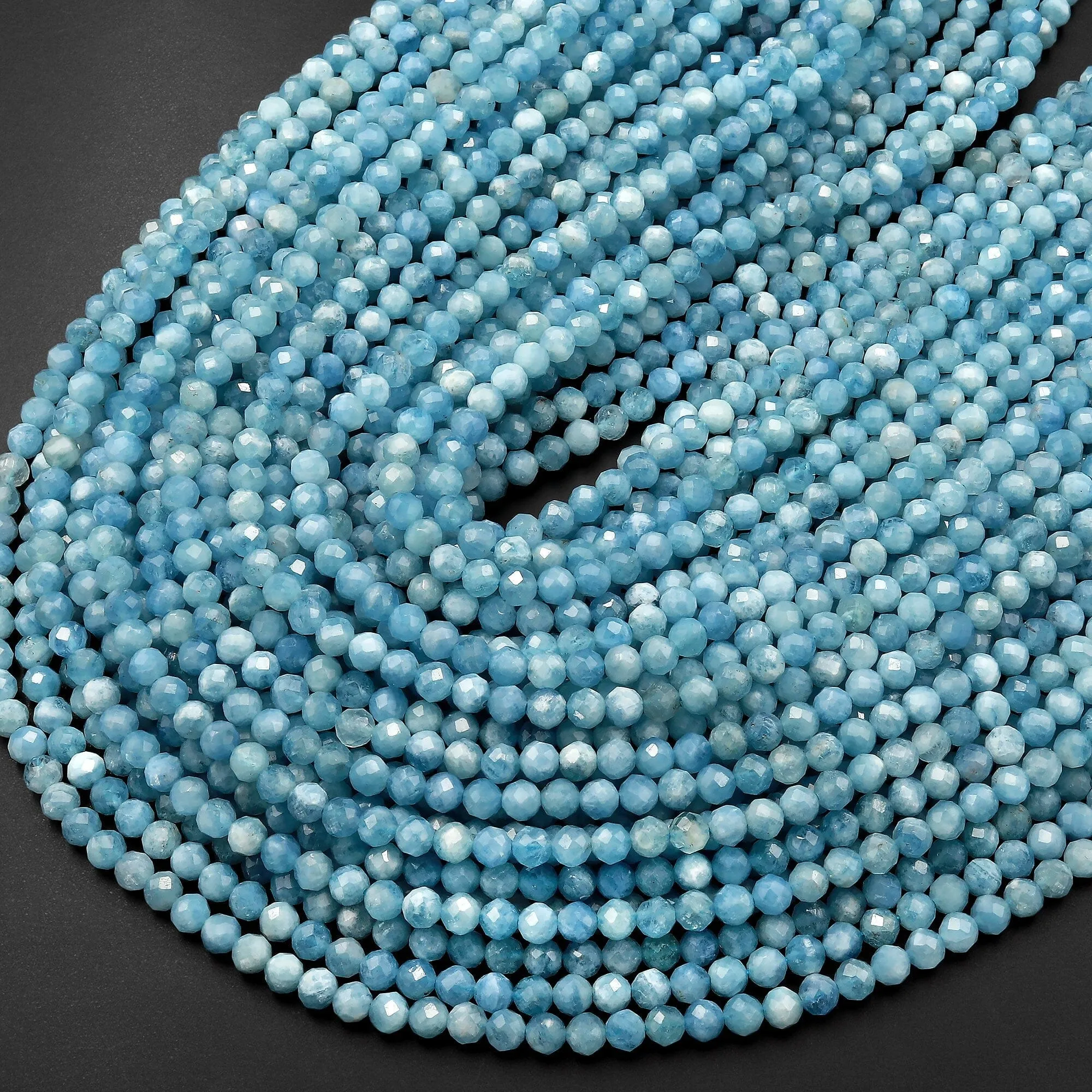 AAA Faceted Natural Blue Aquamarine 4mm Round Beads Micro Laser Diamond Cut Gemstone 15.5" Strand