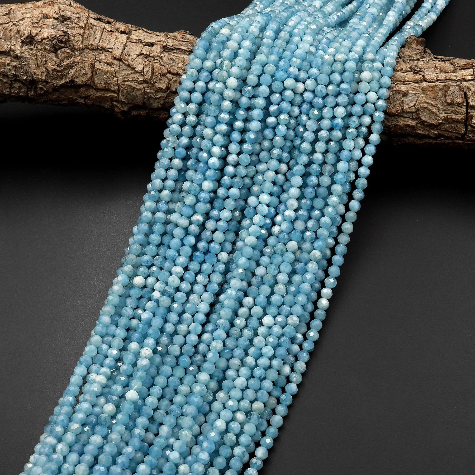 AAA Faceted Natural Blue Aquamarine 4mm Round Beads Micro Laser Diamond Cut Gemstone 15.5" Strand