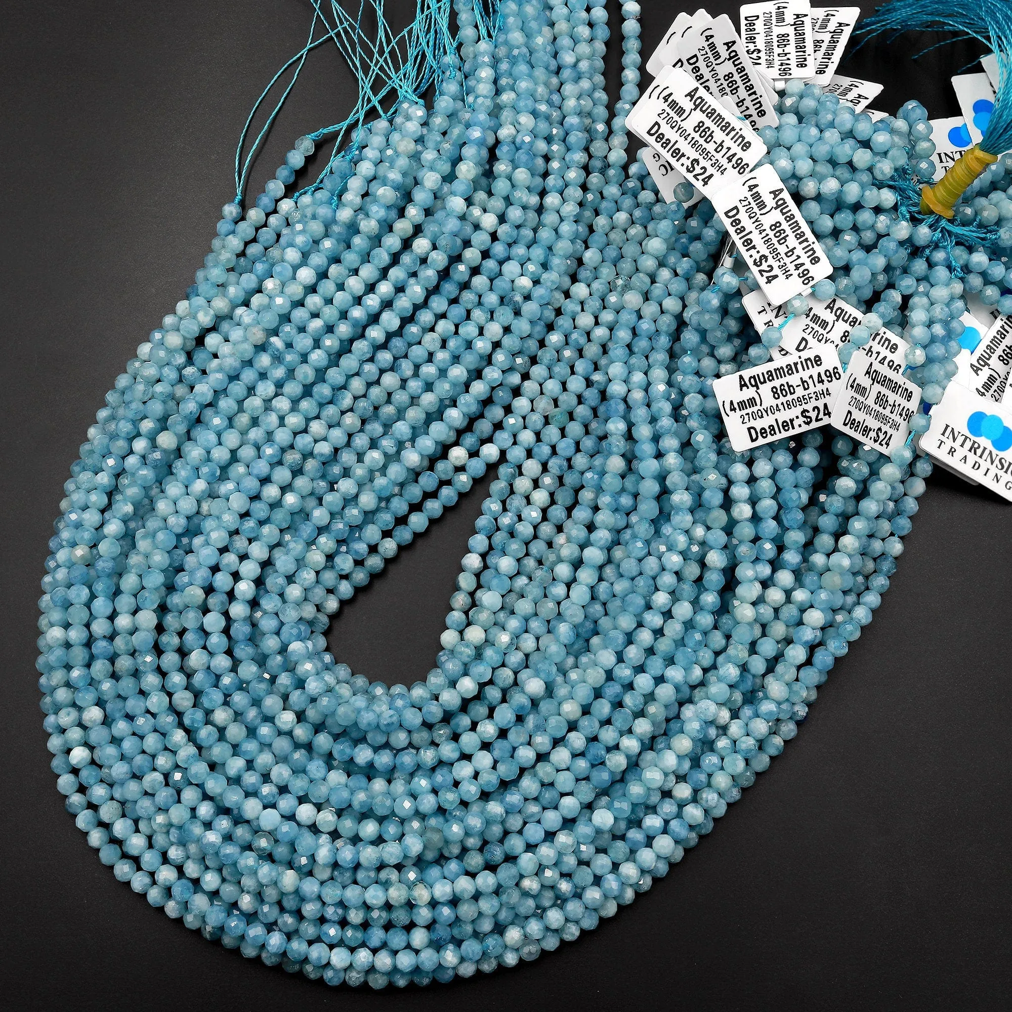 AAA Faceted Natural Blue Aquamarine 4mm Round Beads Micro Laser Diamond Cut Gemstone 15.5" Strand